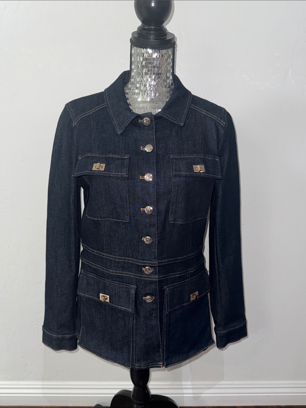 White House Black Market Dark Indigo Jean Jacket with Gold Hardware
